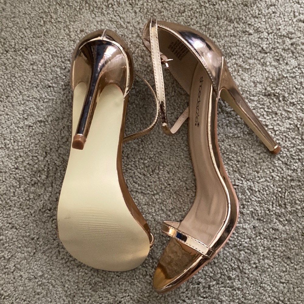 Rose gold ankle strap stiletto sandals